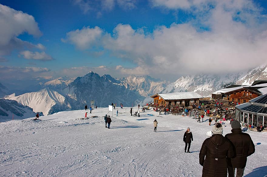 invierno, pueblo, naturaleza, temporada, Alemania, baviera, Alpes, Zugspitze, Glaciar nevado distante, montañas, montaña
