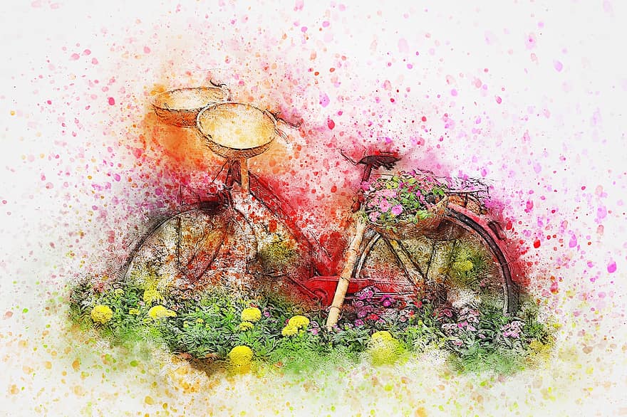 ποδήλατο, λουλούδια, καλάθι, τέχνη, ακουαρέλα, φύση, κρασί, καλλιτεχνικός, αφηρημένη, σχέδιο, υδατογραφία