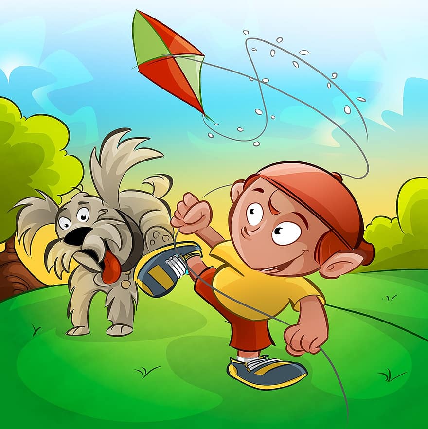 पतंग, लड़का, कुत्ता, बच्चा खेल रहा है, बच्चा, नुक्कड़ नाटक, पतंग उड़ाना, आकाश, डोम