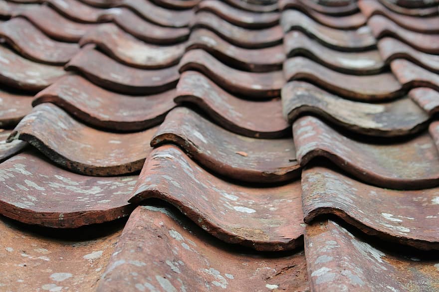Dach, Fliesen, alt, Terrakotta-Ton, Dachziegel, verwittert, Textur, Muster