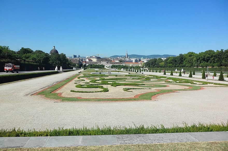 jardín, viaje, turismo, Schloss Belvedere, palacio de belvedere, viena, Austria, hierba, verano, arquitectura, lugar famoso