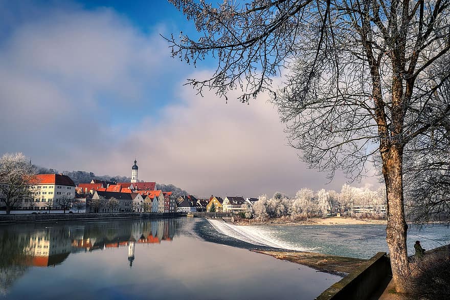innsjø, Landsberg, by, vinter, vann, arkitektur, tre, refleksjon, landskap, berømt sted, blå