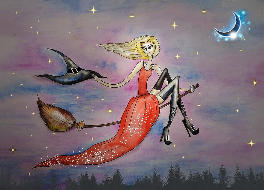 Witch, Halloween, Drawing, Magic, Broom, Dress, Hat, Sky, To Fly, Sabbath, Watercolor