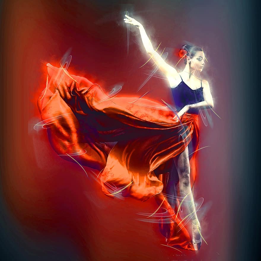 ballarina, vermell, disfressa, activitat, esdeveniment, dansa, dona, femella, humà, persona, manipulació digital