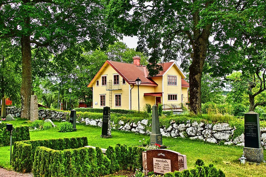 Cemetery, Headstones, Building, House, Accommodation, Rectory, Tombstones, Grave, summer, architecture, grass