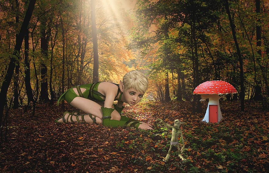 гоблины, фантастика, мифические существа, лес, леса, гриб, осень, ребенок, милый, время года, маленький