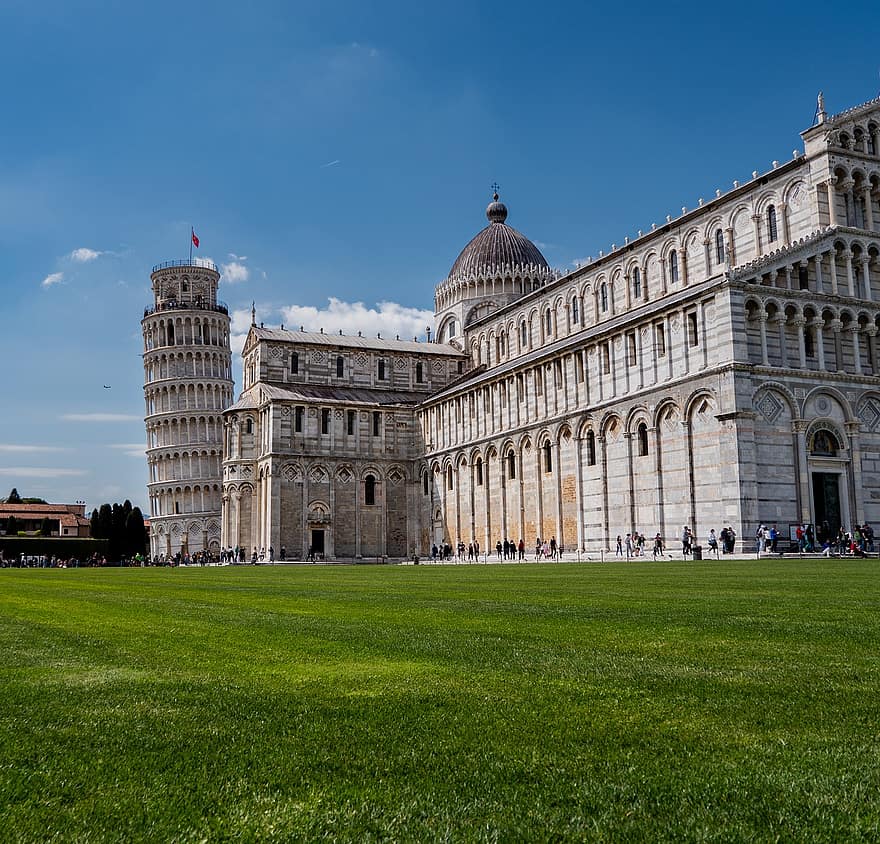 Pisa, Leaning Tower, Walking People, Italy, Tower, Architecture, Landmark, famous place, religion, grass, christianity