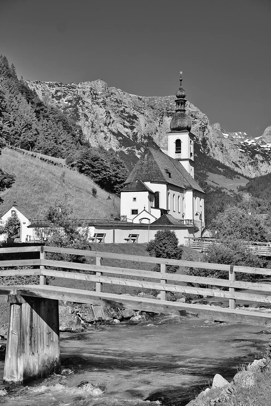 Brücke, Kirche, Landschaft, Berge, idyllisch, Dorf