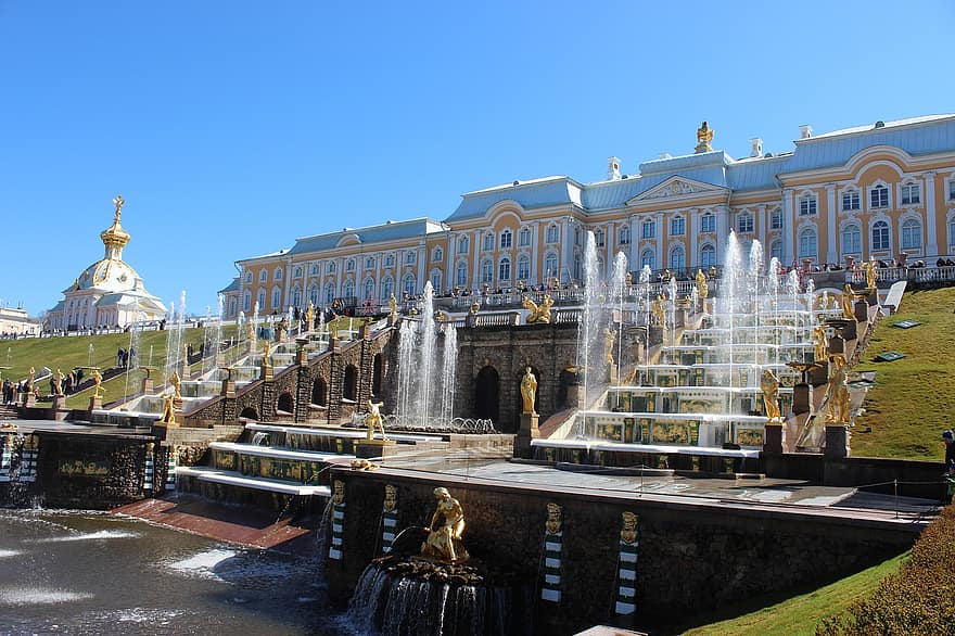 Петерхоф, Русия, Санкт Петербург, фонтан, дворец, petrodvorets peterhof, изкуство, вода