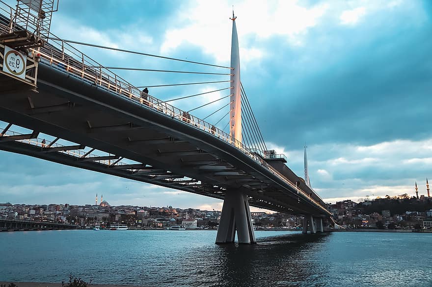 híd, Galata, torkolat, Törökország, Isztambul, város, tenger, felhők, híres hely, építészet, városkép