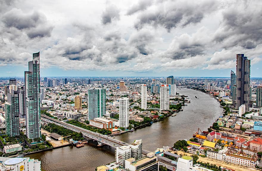 Bangkokas, miestas, upė, pastatai, panorama, dangoraižiai, aukštybiniai, miesto vaizdą, miesto centre, metropolis, modernus
