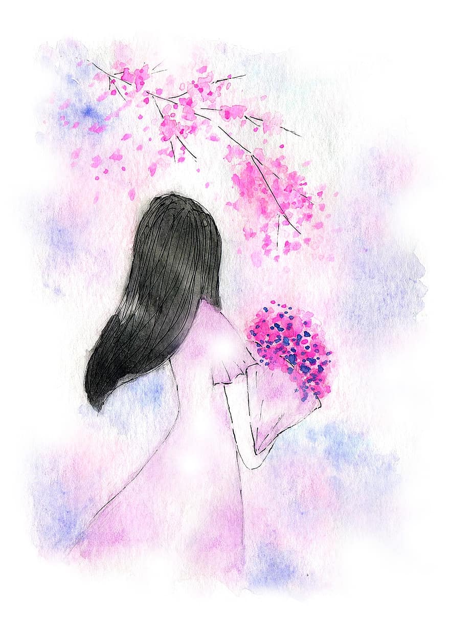 mujer, ramo de flores, acuarela, niña, las flores, floración, flor, curación, pintura, dibujo