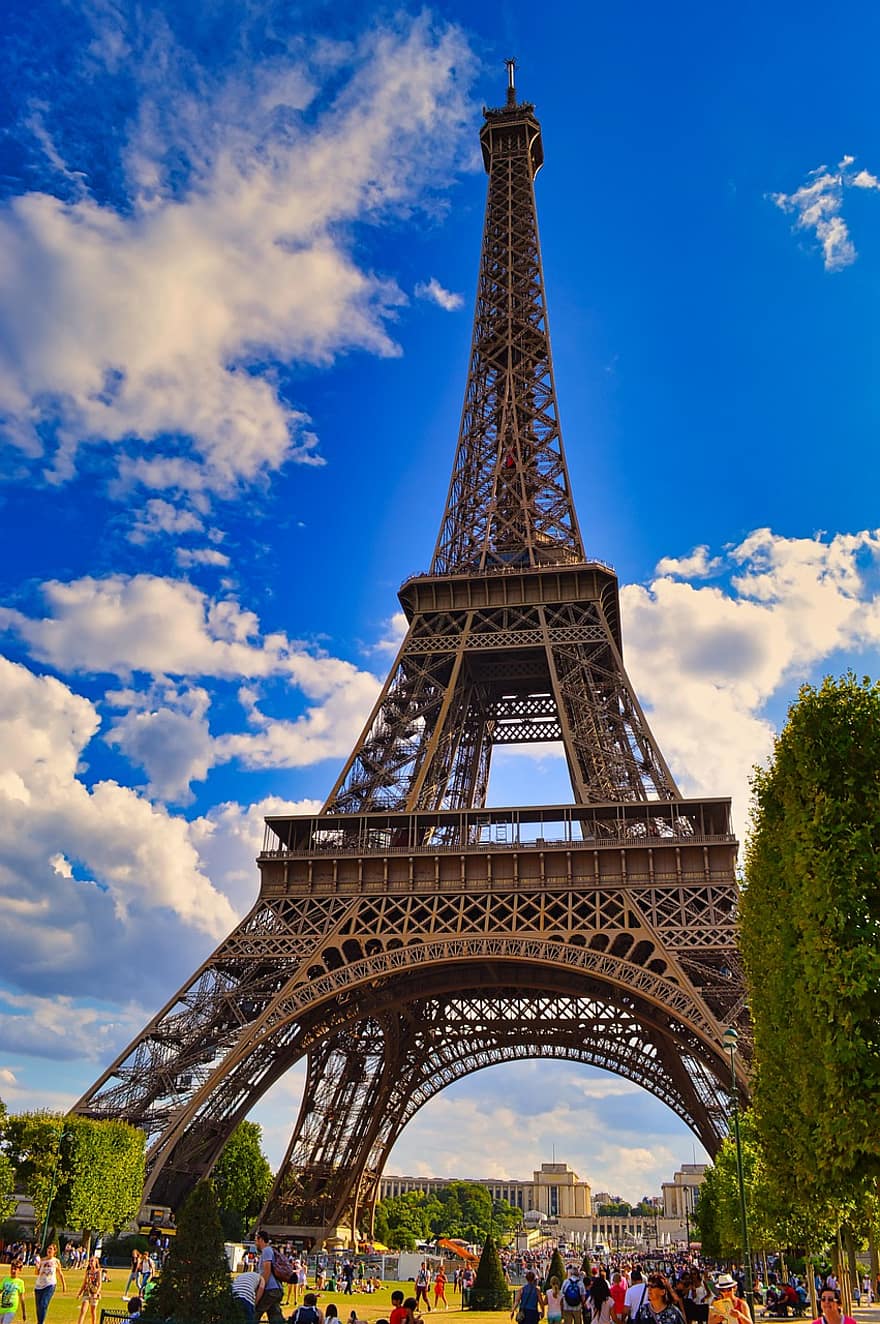 Ейфелева вежа, вежа, архітектура, небо, хмари, орієнтир, Париж