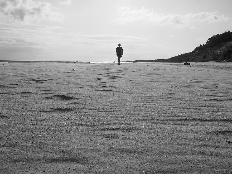 pláž, písek, muž, silueta, horizont, mraky