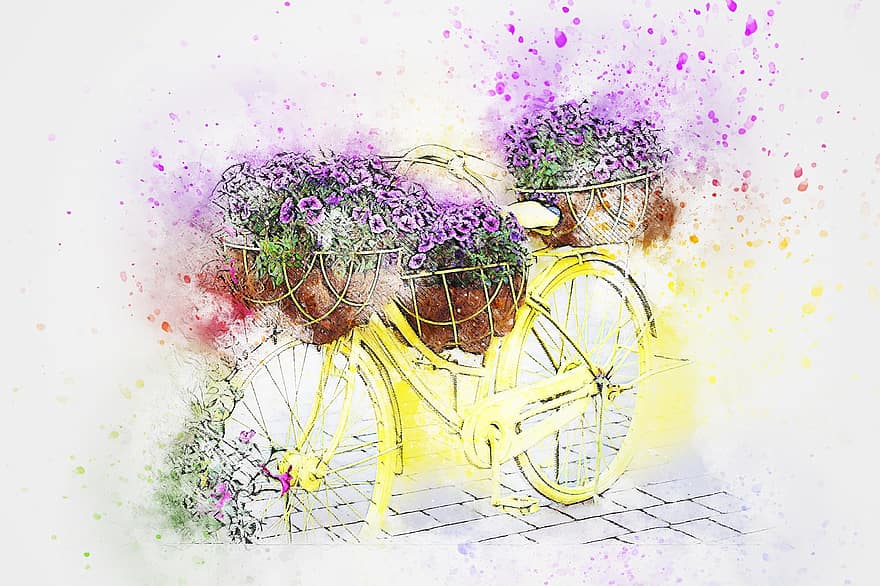 Bicycle, Flowers, Art, Abstract, Watercolor, Vintage, T-shirt, Artistic, Romantic, Design, Aquarelle
