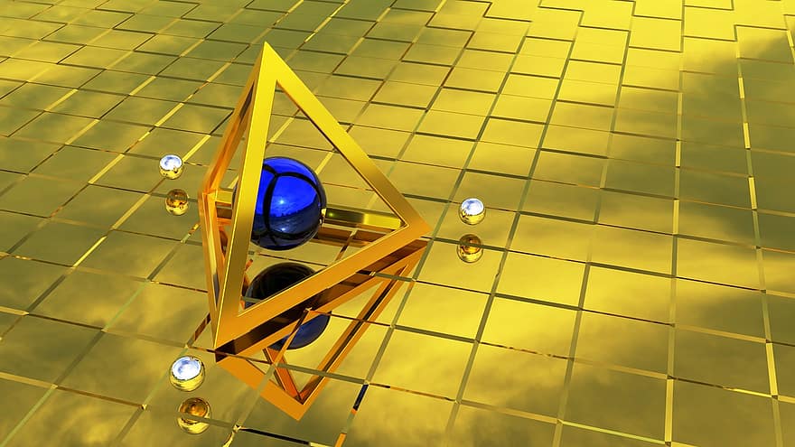 tetraedro, sfera, oro, geometria, piramide, struttura, modulo