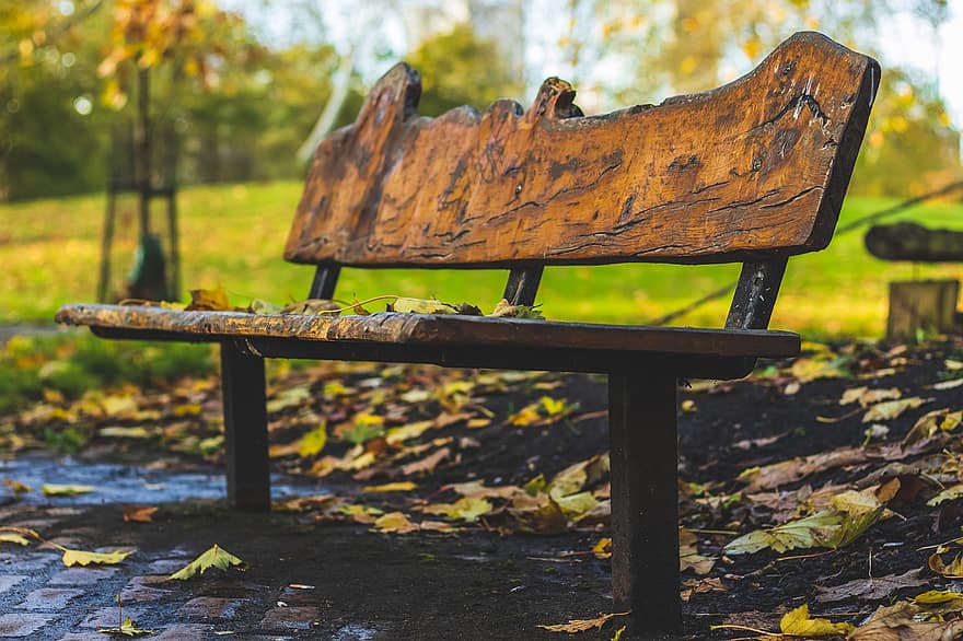 парк, пейка, на открито, седалка, мокър, листа, есен