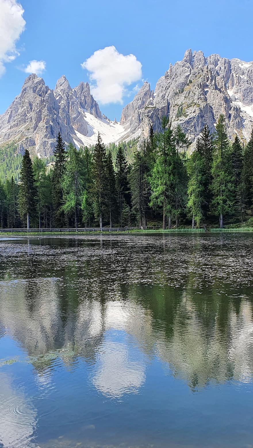 innsjø, fjellene, landsbygda, natur, alpine, fjellkjede, vann, vannrefleksjon, trær, løvverk, Dolomittene