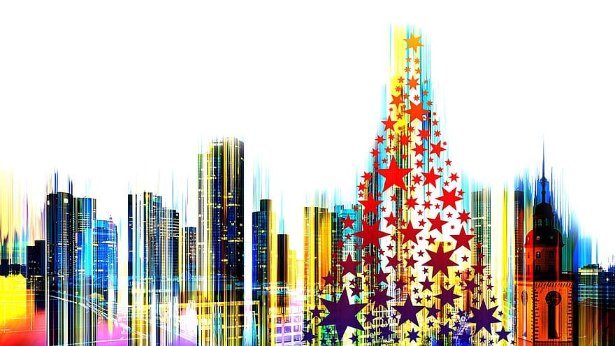 Skyline, Frankfurt, Christmas, Star, Greeting Card, Architecture, Skyscraper, City, Germany, Building, Abstract