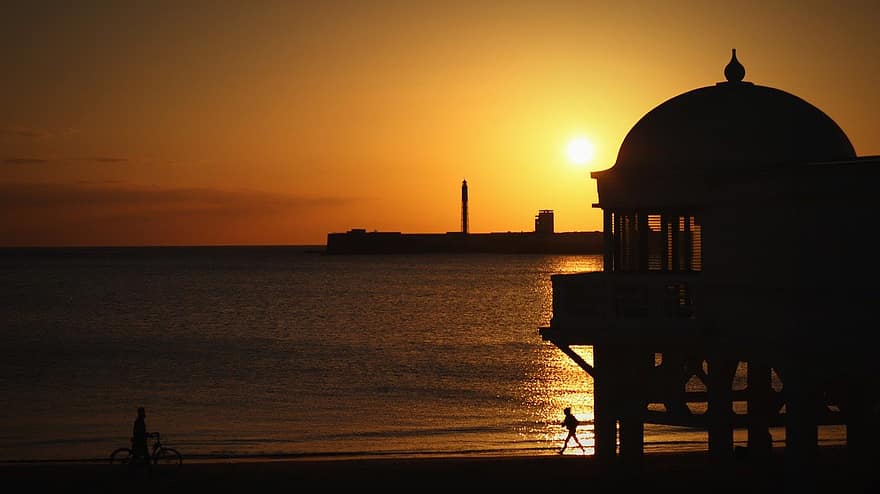 solnedgang, andalusia, Strand, Cadiz, vik, Spania, skumring, silhouette, bakgrunnsbelyst, vann, berømt sted