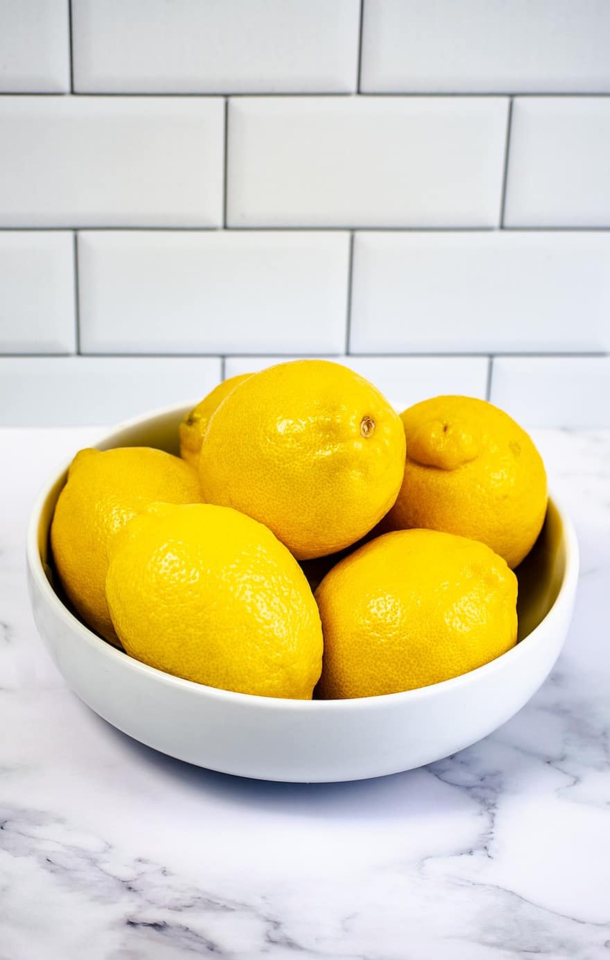 лимоны, фрукты, миска, питание, цитрусовые, желтые фрукты, органический, производить, крупный план