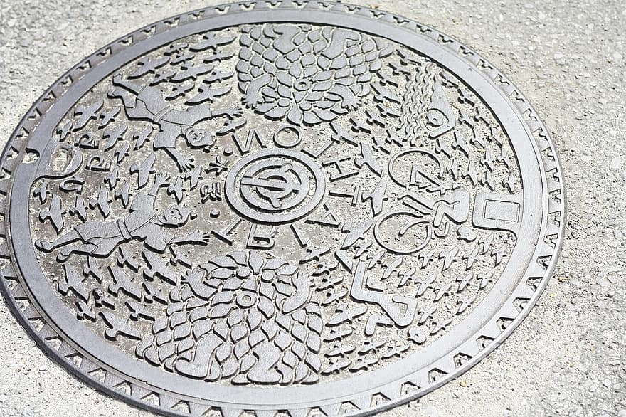 맨홀 덮개, 도로, 오키나와, 일본, 구멍, 거리