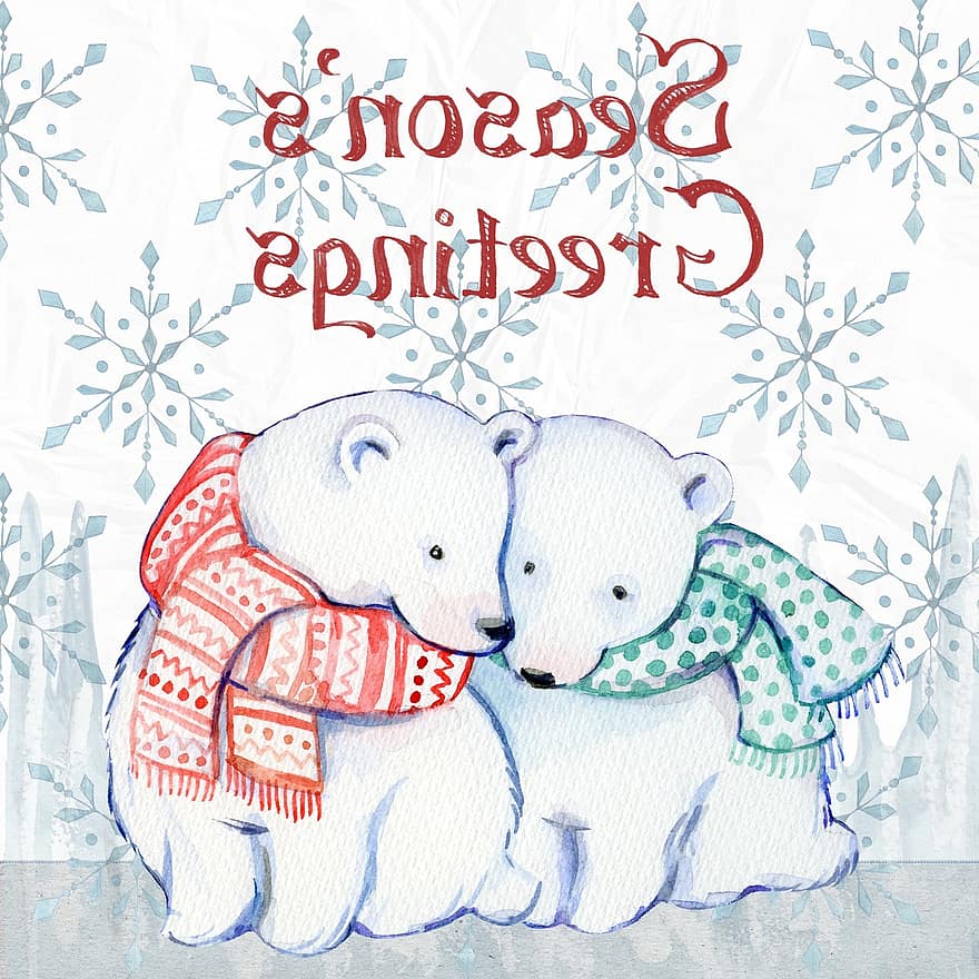 jul, vannfarge, Isbjørner, snø, god, bakgrunn, pergament, årgang, kalligrafi, årstid, hilsener