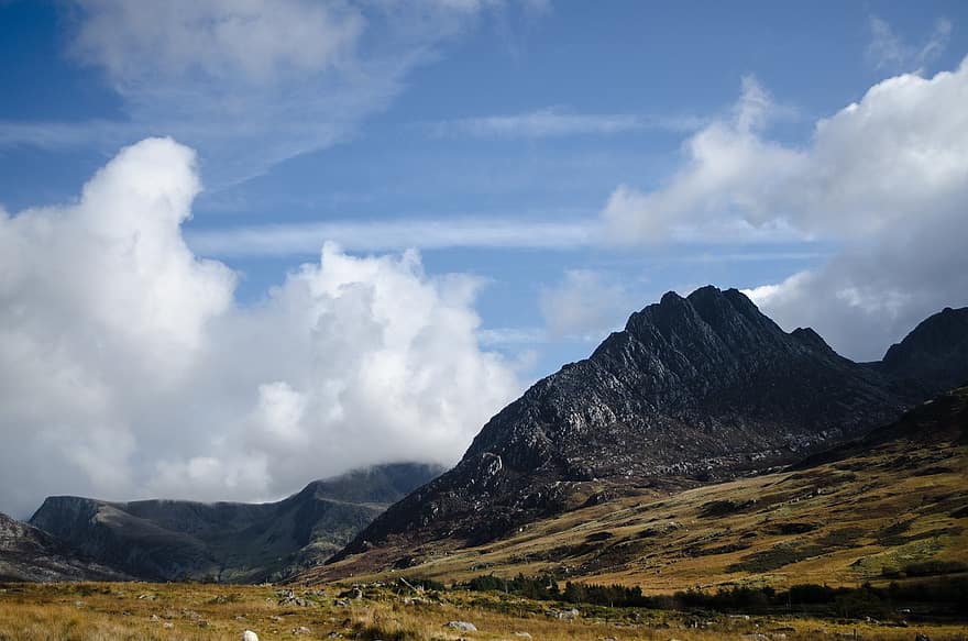 munţi, camp, nori, luncă, de munte, peisaj, decor, natură, Snowdon, tryfan, Snowdonia
