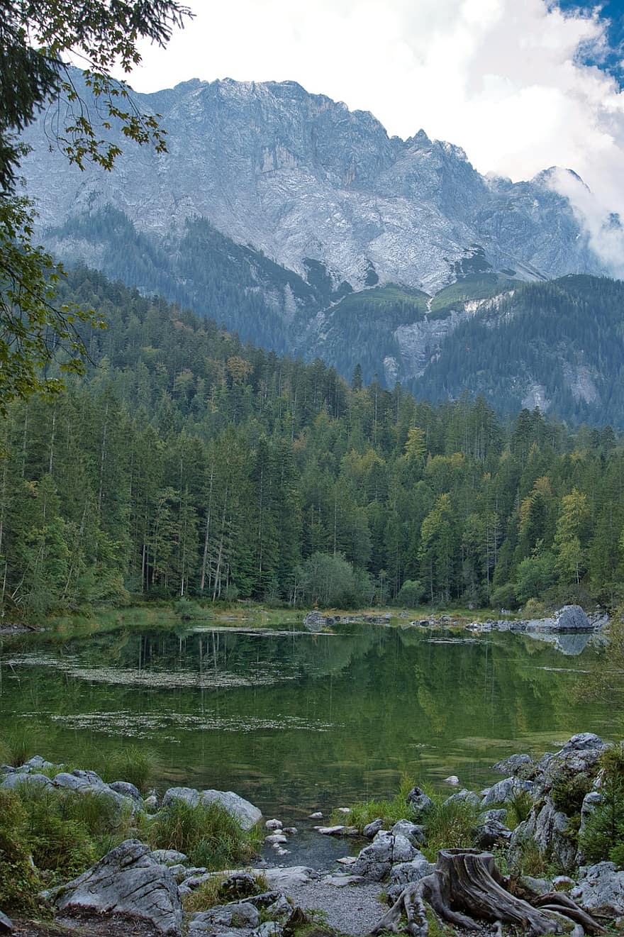 innsjø, fjellene, natur, alpine, Alpene, vann, vannrefleksjon, trær, skogen, løvverk, skog