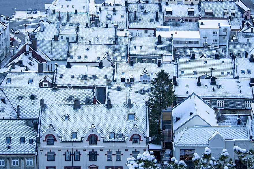 città, case, inverno, la neve, tetti, Norvegia, edifici, urbano, architettura, tetto, esterno dell'edificio