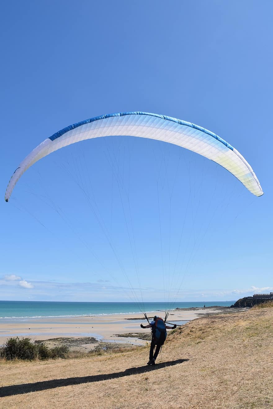paragliding, paraglider, fly, flyvningen, flyve, sejlads, fløj, meteorologi, Vindvejr, blå himmel, blå hav
