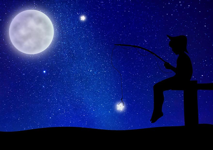 cielo stellato, Luna, ragazzo, pesce, stella, fantasia, silhouette, bandiera, buona notte, cielo notturno, chiaro di luna