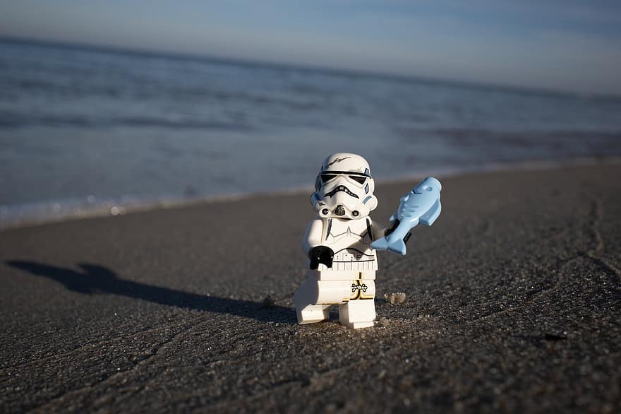 klocki Lego, Szturmowiec Lego, plaża, minifigurka, zabawka, Gwiezdne wojny Lego, piasek, mężczyźni, lato, Plastikowy, woda