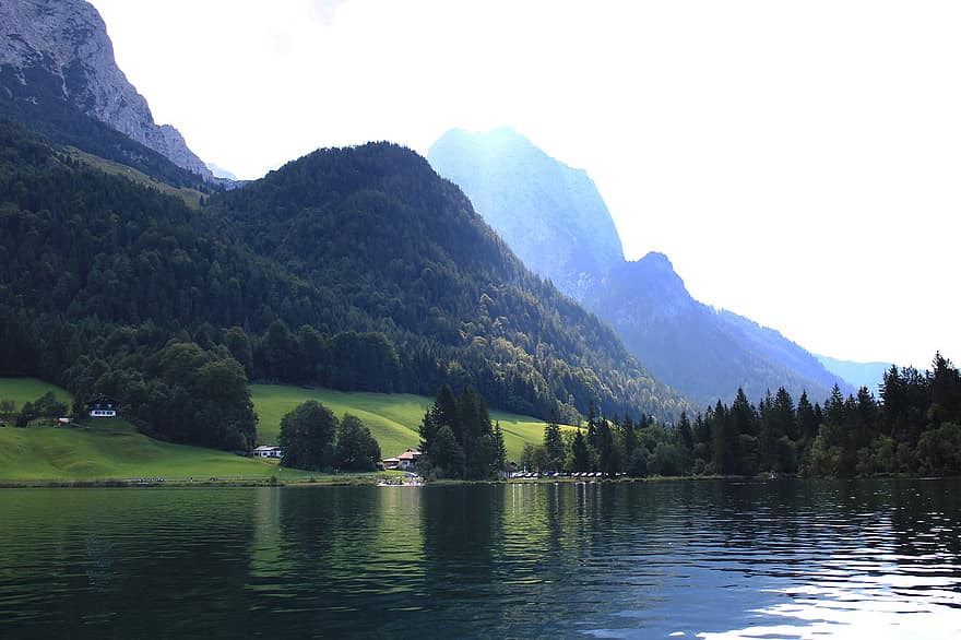 планини, езеро, дървета, гори, гора, природа, пейзаж, планина, лято, вода, зелен цвят