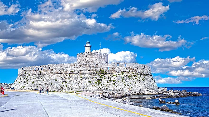 torony, erődítmény, építészet, középkori, kastély, világítótorony, Rhodes, Görögország, tenger, tengerpart, kikötő