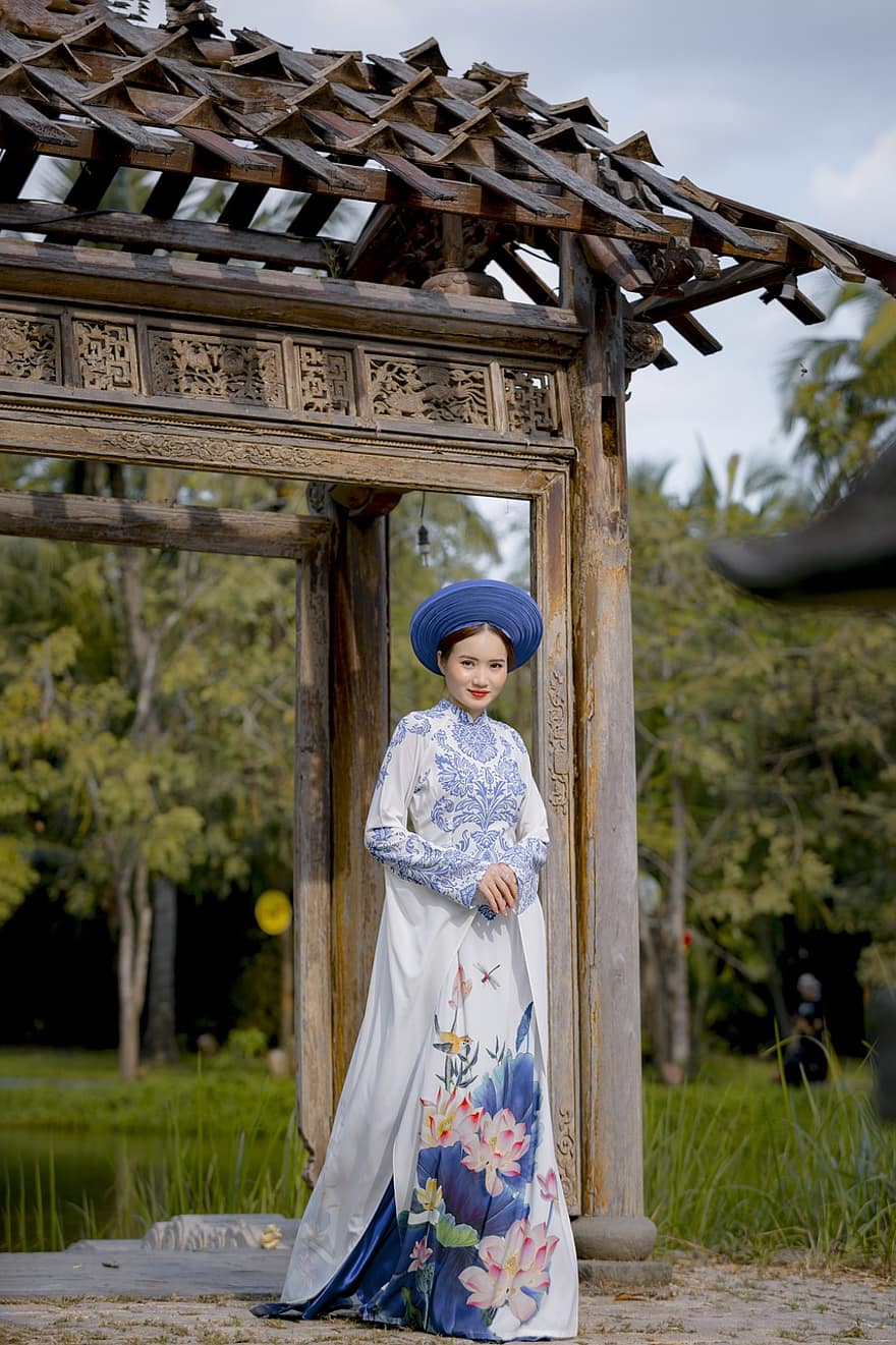 ao dai, mode, kvinna, Vietnam National Dress, hatt, klänning, traditionell, flicka, Söt, pose, modell