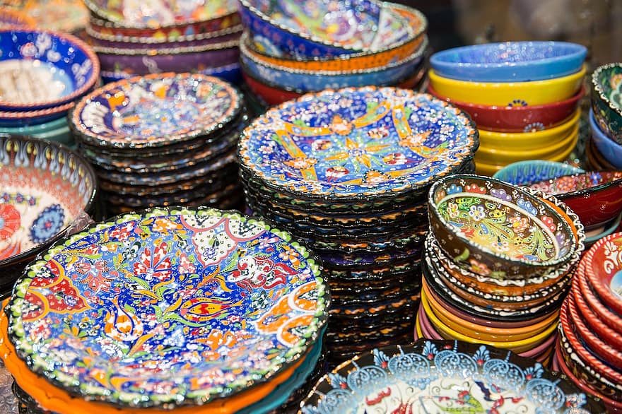 tányérok, étkészlet, Díszes minta, virág minta, háttér, bazár, kerámia, iparművészet, kézművesség, kézzel készített, Isztambul