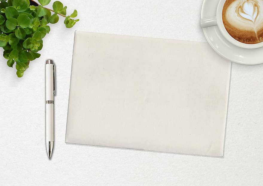 Notizblock, Stift, Kaffee, Tasse, Pflanze, Schreibtisch, Schreiben, Papier-, pad, Hinweis, Büro