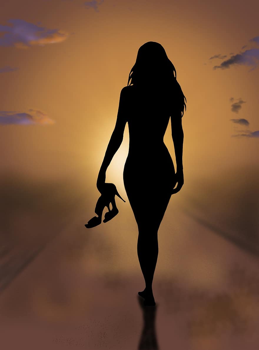 Sunset, Woman, Silhouette, Girl, Walking, Leaving, Dusk, dom