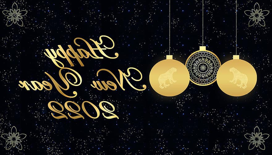 нова година, поздрав, украшение, Честита Нова Година, 2022, дрънкулка, златист, празненство, декоративен, дизайн, шаблон