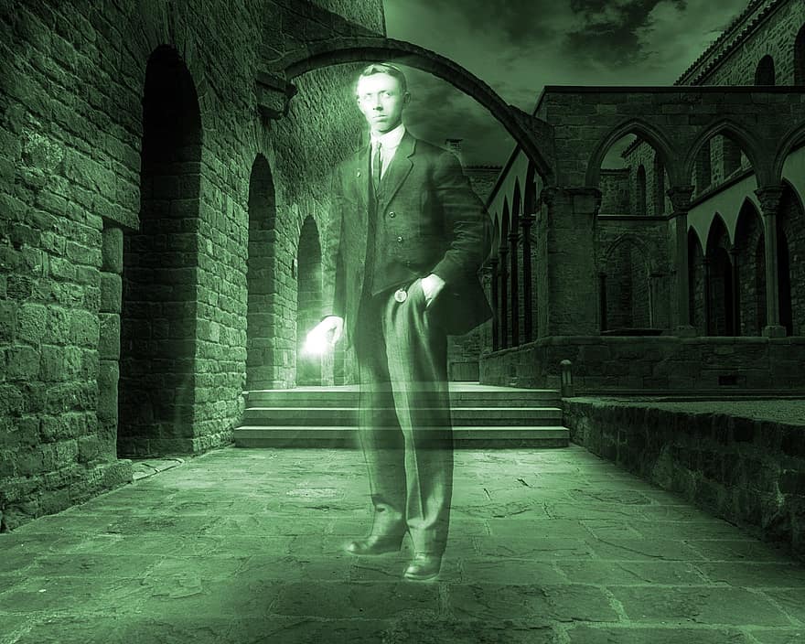Ghost, Man, Vintage Dress Suit, Haunted Castle, Gothic, Green Mood, Surreal, Halloween, Fantasy, Dark Clouds, Composite