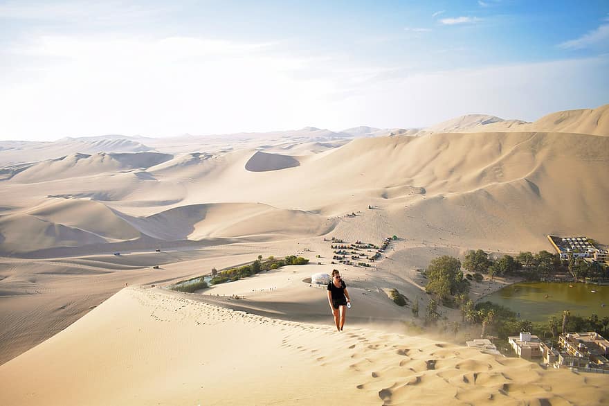 désert, le sable, dunes, femme, oasis, oasis de huacachina, Pérou, paysage, huacachina, sec, Voyage