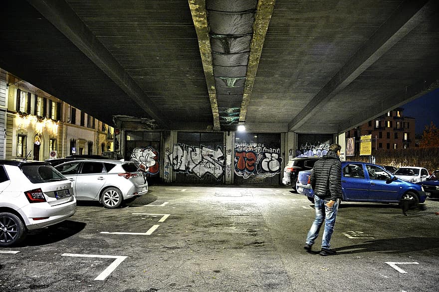 aparcament, cotxes, ciutat, urbà, graffiti, art