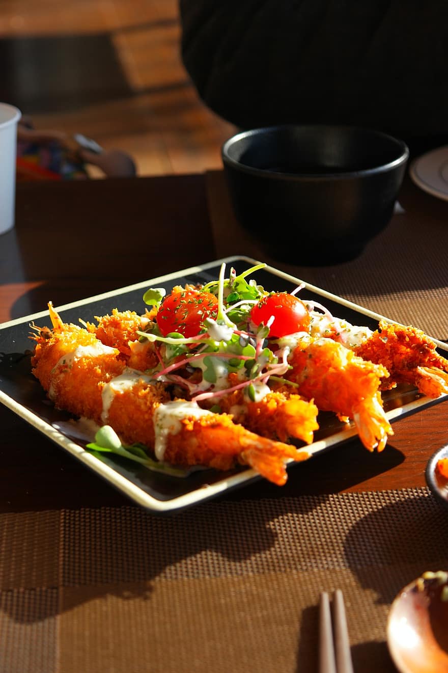 reker tempura, reke, sjømat, stekt, tallerken, mat, matlaging, spise~~POS=TRUNC, Sør-Korea