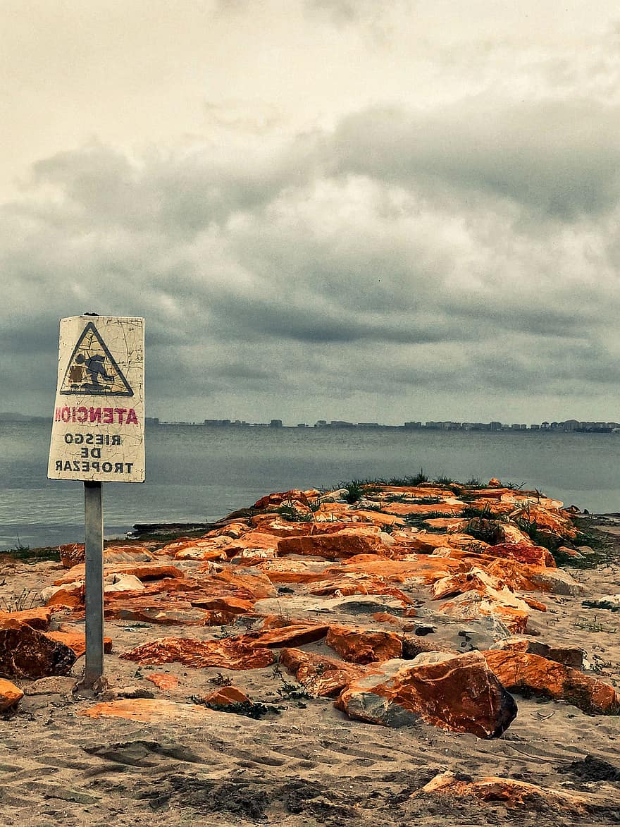 危険、符号、ビーチ、警告サイン、看板、岩、海岸、海岸線、海、海洋、シティ