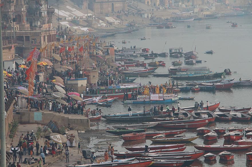川、ボート、旅行、観光、バラナシ、北インド、ガーツ、航海船、水、海岸線、文化