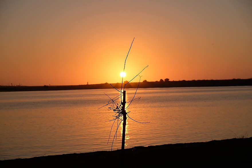 tramonto, silhouette, riflessione, crepuscolo, ora d'oro, acque, lago, fiume