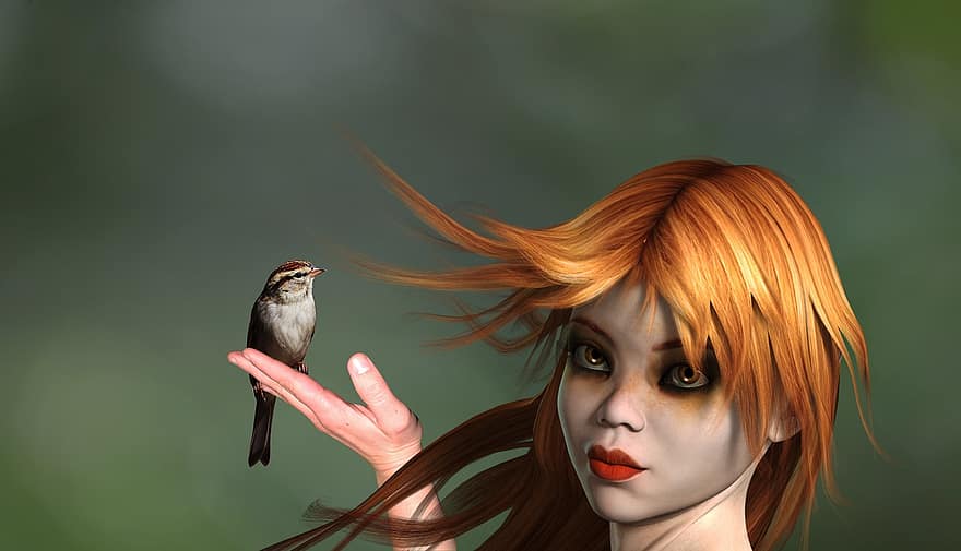 người phụ nữ trẻ, đầu đỏ, chim sẻ, chim, tay, có gió, Thiên nhiên, tưởng tượng, đàn bà, một người, người lớn