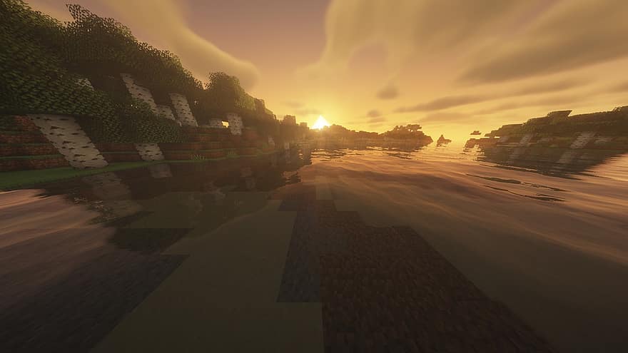 Minecraft, Video Game, Sunset, Pixel, dusk, water, summer, reflection, sunrise, dawn, sun
