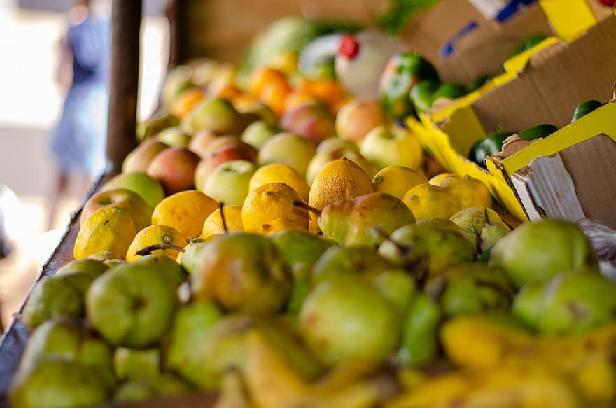 peras, frutas, mercado, barraca de frutas, Comida, fresco, saudável, maduro, orgânico, doce, produzir
